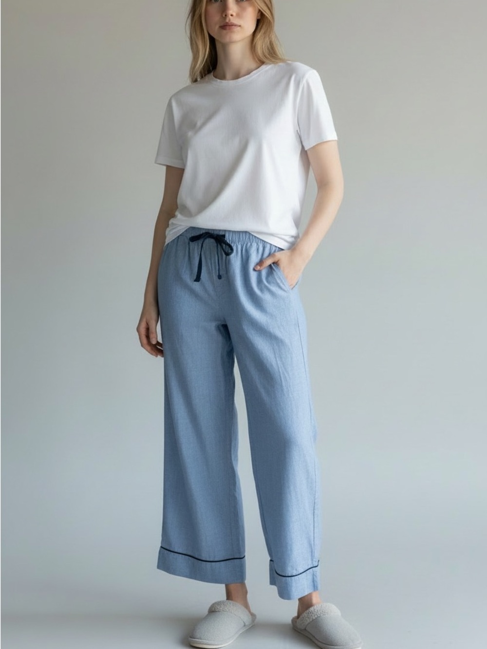 LAKE Cotton Poplin Piped Hem Pajama Pants Blue Size Small